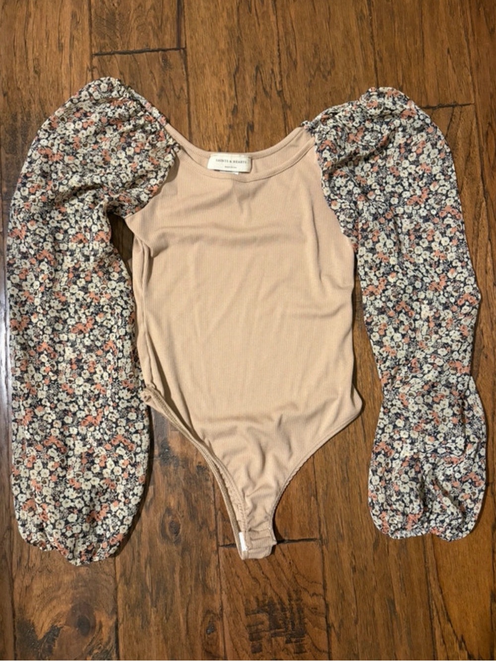 Puff Sleeve Floral & Beige Ribbed One-Piece